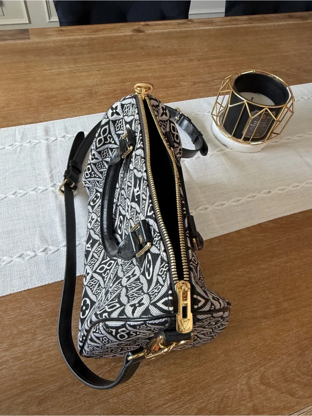LV Black & White Monogram Jacquard Satchel with Gold Hardware